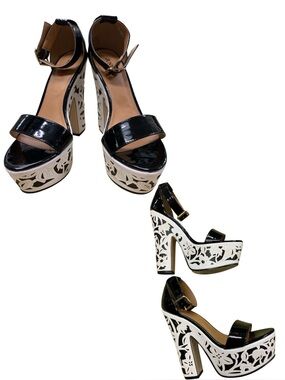 JustFab Black Patent Platform Sandals with White Laser-Cut Heel S7.5